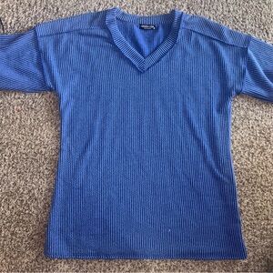 Hemish ribbed Blue Short Sleeve V-Neck Knit Tee